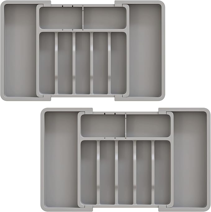 ABHENG 2 Pack Silverware Organizer, Expandable and Adjustable Kitchen Utensil Drawer Organizer, Plastic Cutlery Holder with Multiple Compartments,Cutlery Holder,for Spoons Forks Knives,Grey,UAFD012G