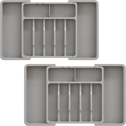 ABHENG 2 Pack Silverware Organizer, Expandable and Adjustable Kitchen Utensil Drawer Organizer, Plastic Cutlery Holder with Multiple Compartments,Cutlery Holder,for Spoons Forks Knives,Grey,UAFD012G