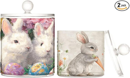 2 Pack Qtip Dispenser Apothecary Jars with Lids Cotton Round Holder Bathroom Canisters for Cotton Swab Floss Ball Pads Clear Plastic Decorative Easter Bunny Eggs Flowers Carrot