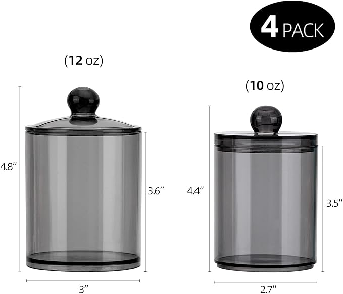 Tbestmax 4 Pack Qtip Holder 10-Ounce, 12-Ounce Bathroom Organizer Accessories Storage Containers Plastic Apothecary Jars with Lids for Cotton Ball, Cotton Swab, Floss, Black