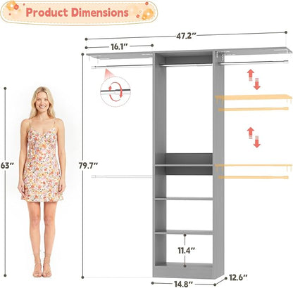 iSunirm 48" Small Closet System, Space-Saving Wall-Mounted Wardrobe Organizer, Mini Garment Rack for Narrow Spaces, Morning Outfit Prep Station & Nursery Dress-up Storage,Grey