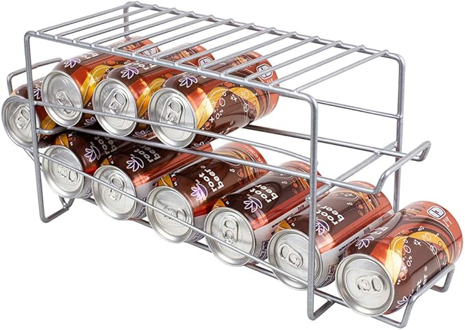Home Basics Steel Can Dispenser, (Silver) 12 Can Soda Organizer For Refrigerator And Pantry | 2 Tier Can Holder