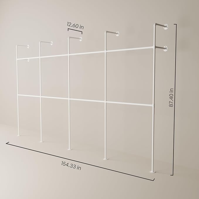 pamo Industrial Pipe Clothing Rack White Metal - 1100 lbs Capacity - Wall-Mounted Clothes Racks for Hanging Clothes - Modern Walk-In Closet