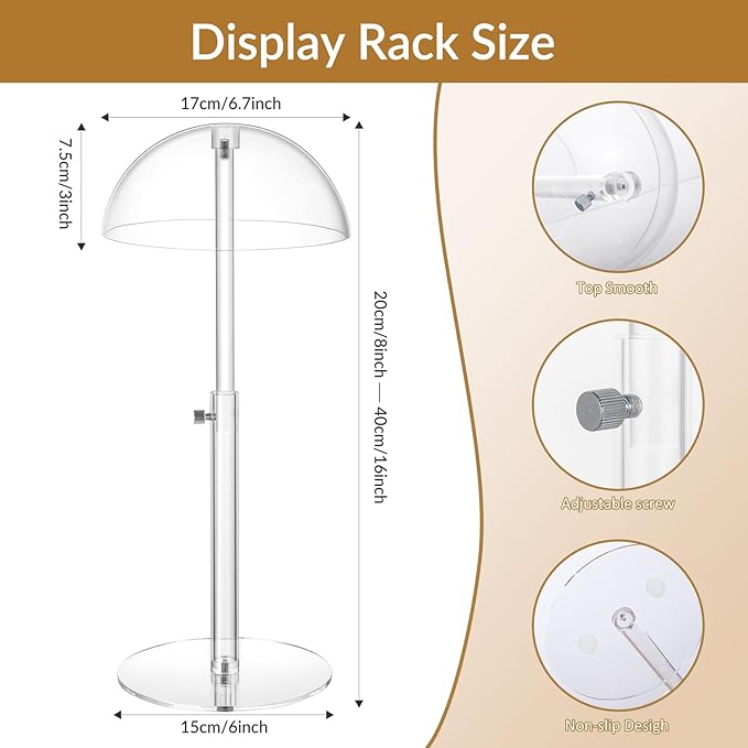 2 Pack Acrylic Hat Display Stand 8-16 inch Adjustable, Clear Domed Hat Stand Rack for Baseball Cap Cowboy, Wig Holder Stand Organizer for Dresser Closet Vendors (Adult styles, 2)