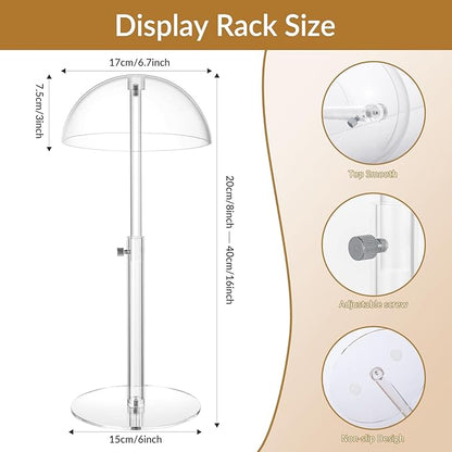 2 Pack Acrylic Hat Display Stand 8-16 inch Adjustable, Clear Domed Hat Stand Rack for Baseball Cap Cowboy, Wig Holder Stand Organizer for Dresser Closet Vendors (Adult styles, 2)