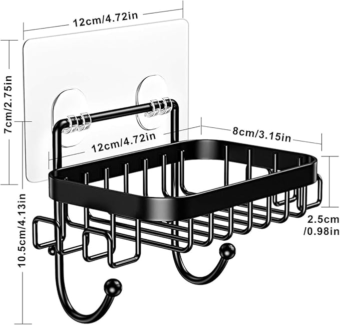 ODesign Soap Dish Holder SUS304 Stainless Steel with 6 Hooks Loofah Bath Sponge Towel Razor Holder for Bathroom Shower Kitchen Adhesive Wall Mounted No Drilling -Black-2 Pack