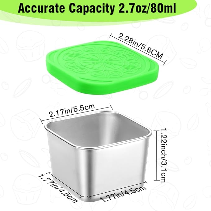 Showvigor 6-Pack 2.7oz Square Stainless Steel Condiment Cups with Leakproof Lids | Reusable Dip Containers for Lunch Box, Snacks, Sauce, Party - Dishwasher Safe