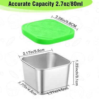 Showvigor 6-Pack 2.7oz Square Stainless Steel Condiment Cups with Leakproof Lids | Reusable Dip Containers for Lunch Box, Snacks, Sauce, Party - Dishwasher Safe