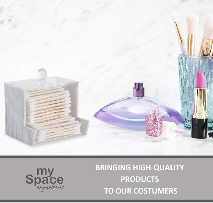 My Space Organizers Marble Acrylic Qtip Holder for Qtip Brand Cotton Swab Holder, Qtip Dispenser, Modern Bathroom Decor Organizer for Countertop Vanity Storage (White Marble)