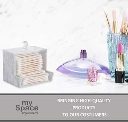 My Space Organizers Marble Acrylic Qtip Holder for Qtip Brand Cotton Swab Holder, Qtip Dispenser, Modern Bathroom Decor Organizer for Countertop Vanity Storage (White Marble)