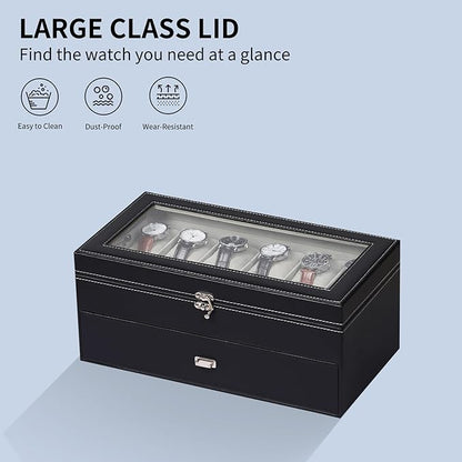 AUTOARK Leather & Velvet 12 Watch Box Jewelry Case and 6 Piece Sunglass Eyeglasses Organizer,2 Layers with 1 Drawer,Lockable,Large Glass Top,Black,MKAW043