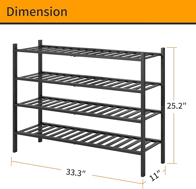 Long Shoe Rack, 4-Tier Bamboo Stackable Shoe Shelf Storage Organizer, Shoe Stand for Closet, Entryway and Hallway(Black)