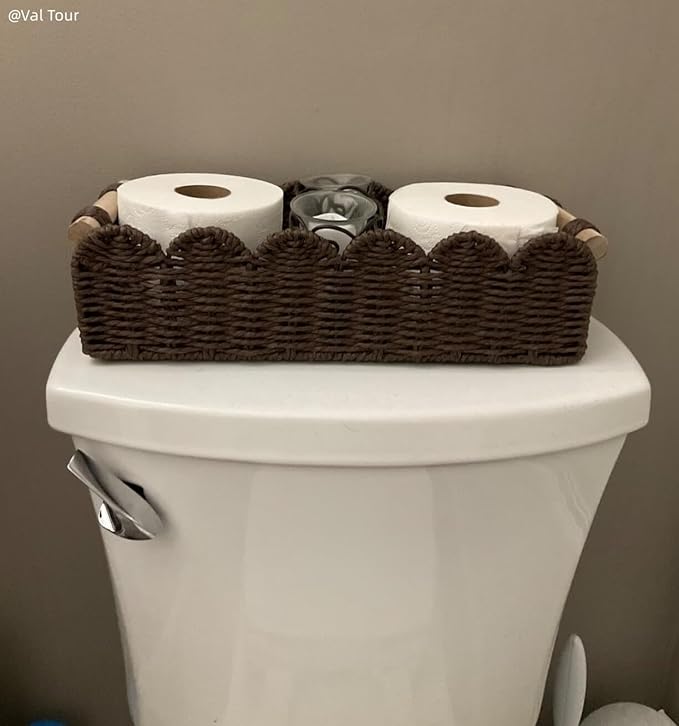 CubesLand Paper Rope Scalloped Edge Shelves Storage Basket, Woven Toilet Paper Baskets for Over Toilet Storage Shelf, Ending Table, Floating Shelves Organizing or Home Décor, with Wood Handle, Brown