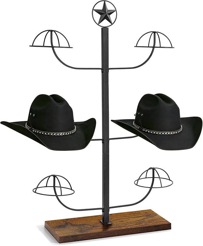 Cowboy Hat Rack for Retail Display, 6 Hat Countertop Hat Display Stand with Wood Base, Freestanding Hat Display Rack and Western Hat Organizer for Cowboy Hats, Fedoras, Caps, Vendor Booth, Closet