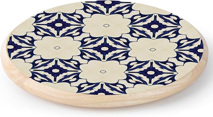 CounterArt Decorative Round Natural Wood Lazy Susan Turntable 14" Diameter Condiment Caddy, Cheese Server, Cake Plate, Spice Organization (Blue Tile Floral)