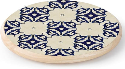 CounterArt Decorative Round Natural Wood Lazy Susan Turntable 14" Diameter Condiment Caddy, Cheese Server, Cake Plate, Spice Organization (Blue Tile Floral)