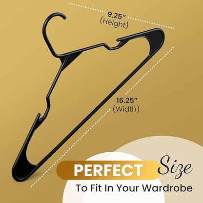 Our Modern Space 100 Pack Adult Plastic Hanger for Shirt Pants Coats Dresses Skirts Suits Jackets - Standard Thick Coat Hanger - Sturdy & Durable Design with Shoulder Grooves Hook - Black