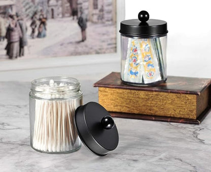 Amolliar Apothecary Jars Bathroom Storage Organizer - Cute Qtip Dispenser Holder Vanity Canister Jar Glass with Lid for Cotton Swabs,Rounds,Bath Salts,Makeup Sponges,Hair Accessories/Black（2 Pack）