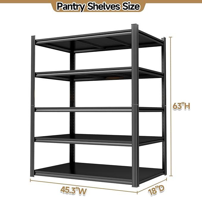 45.3" W Utility Kitchen Shelves, 2000LBS Standing Shelving Unit, Adjustable Metal Shelving Organizer, 5 Tier Storage Shelf for Pantry, Industrial, Basement, Bathroom and Closet, Black