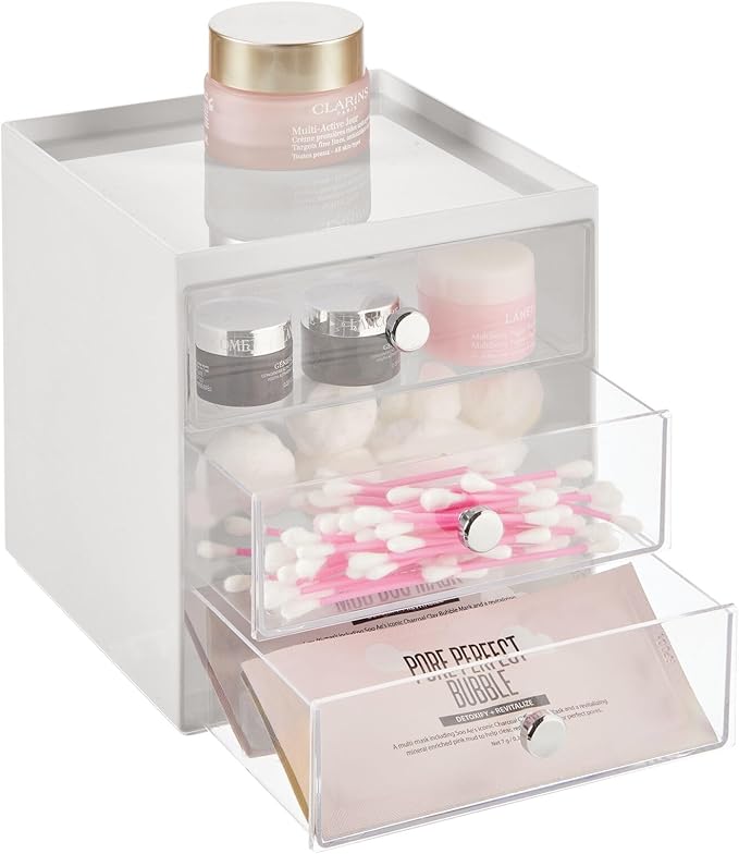 mDesign Plastic 3 Drawer Organizer for Makeup Storage - Large Stackable Makeup Organization and Storage Cube with Drawers for Bathroom, Vanity, Desk - Makeup Storage Drawers - Light Gray/Clear