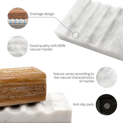 WeDoDecor Real Marble Soap Dish for Shower Stone Tray Small Bar Soap Holder with Self Draining | Non-Slip, Luxury Bath Room Accessories (White)