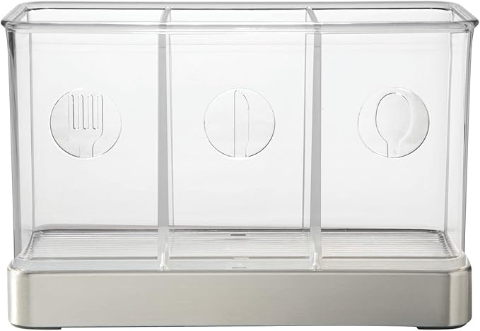 mDesign Cutlery Holder Modern Cutlery Basket for The Kitchen Table, Pantry or Cupboard Kitchen Storage with 3 Compartments Clear/Chrome