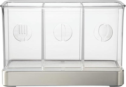 mDesign Cutlery Holder Modern Cutlery Basket for The Kitchen Table, Pantry or Cupboard Kitchen Storage with 3 Compartments Clear/Chrome