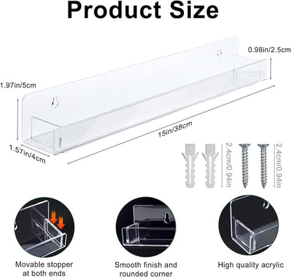 12 Pack Wall Mounted Acrylic Nail Polish Organizer Rack 15 Inch Clear Nail Polish Shelf with Removable Ends Multi-Purpose Shelf for Essential Oils Cosmetics Storage Display
