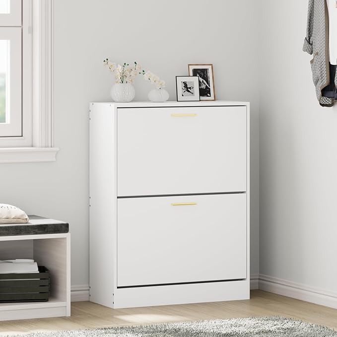 JOZZBY Shoe Cabinet Storage for Entryway, Freestanding Narrow Slim Shoe Organizer Cabinet with 2 Flip Drawers, Wooden Shoe Rack for Hallway, Living Room, White