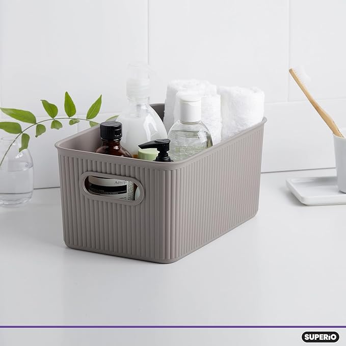 Decorative Plastic Basket Open Home Storage Bins Organizer Baskets, Medium Taupe (2 Pack) Container Boxes for Organizing Closet Storage Bins for Shelves Drawer Shelf - Ribbed Collection 5 Liter