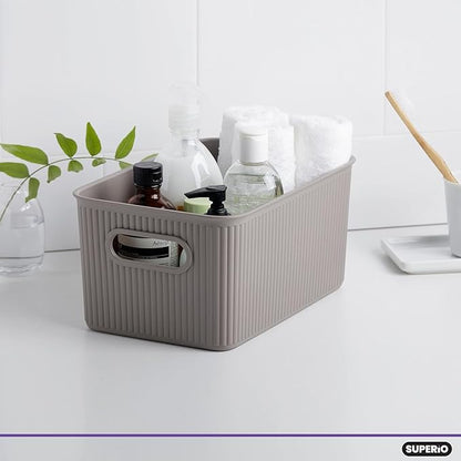 Decorative Plastic Basket Open Home Storage Bins Organizer Baskets, Medium Taupe (2 Pack) Container Boxes for Organizing Closet Storage Bins for Shelves Drawer Shelf - Ribbed Collection 5 Liter