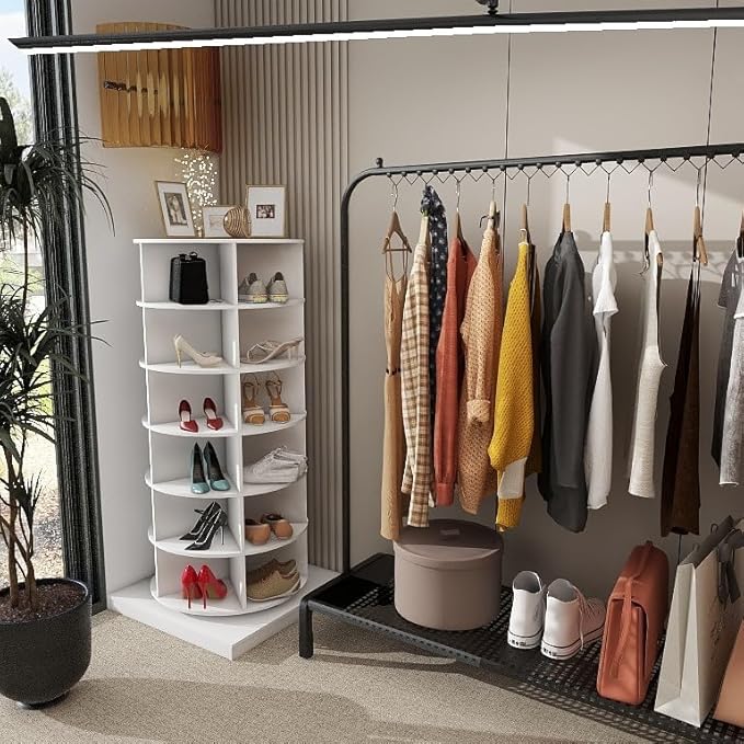 6-Tier Rotating Shoe Rack Tower, 360 Spinning Shoe Rack, Modern Free Standing Spinning Shoe Organizer, Rotating Lazy Susan Shoe Racks for Entryway Doorway, Holds Up to 24 Pairs of Shoes(White)