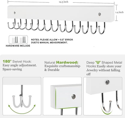 Necklace Holder Wall Mounted Jewelry Organizer - 2 Pack Wooden with 28 Hooks, Hanging Earring & Ring Bracelet Storage, Decorative Space-Saving Jewelry Display (White)