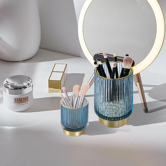 Glass Makeup Brush Holder,Gold Toothbrush Holders,Cute Make Up Brush Cup Holder,Vintage Vanity Makeup Organizer for Bathroom and Desktop (Blue)