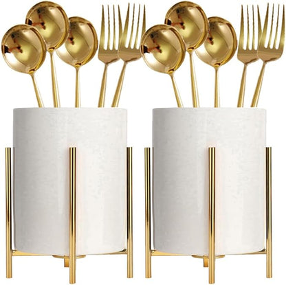 2pcs Sturdy Cutlery Holder White Ceramic With Metal Bracket Robust Silverware Caddy For Countertop - Spoon Holder Silverware Caddy