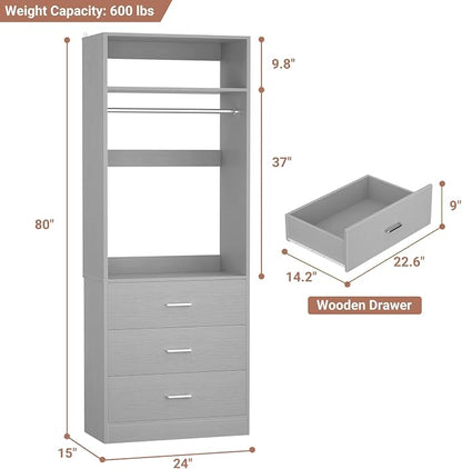 Besiost Freestanding 2FT Closet System with 3 Wood Drawers, 24" Closet Organizer System with Hanging Rod & Shelves, Walk-in Closet Systems for Small Closets, Grey (24"L x 15" W x 80" H)