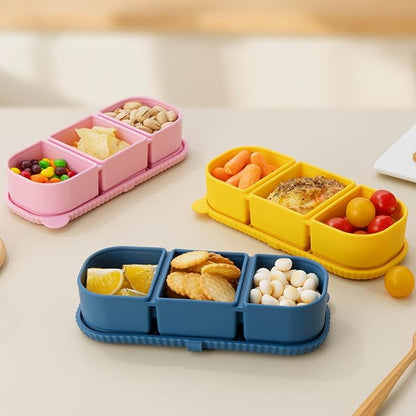 3 Pack Silicone Reusable Snack Containers with Lids - 3 Compartment Snackle Box for Kids & Adults, BPA-Free & Leakproof, Small for Dressing, Sauces, School, Office, Picnic（Blue, yellow, pink）