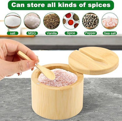 2Pcs Bamboo Salt Cellar with Magnetic Swivel Lid & Spoon, 6 oz Spice Bowl Bamboo Storage Box Salt Container to Storage Pepper, Table Salt, Gourmet Salts, Spice, Sugar(SIZE:6 oz)