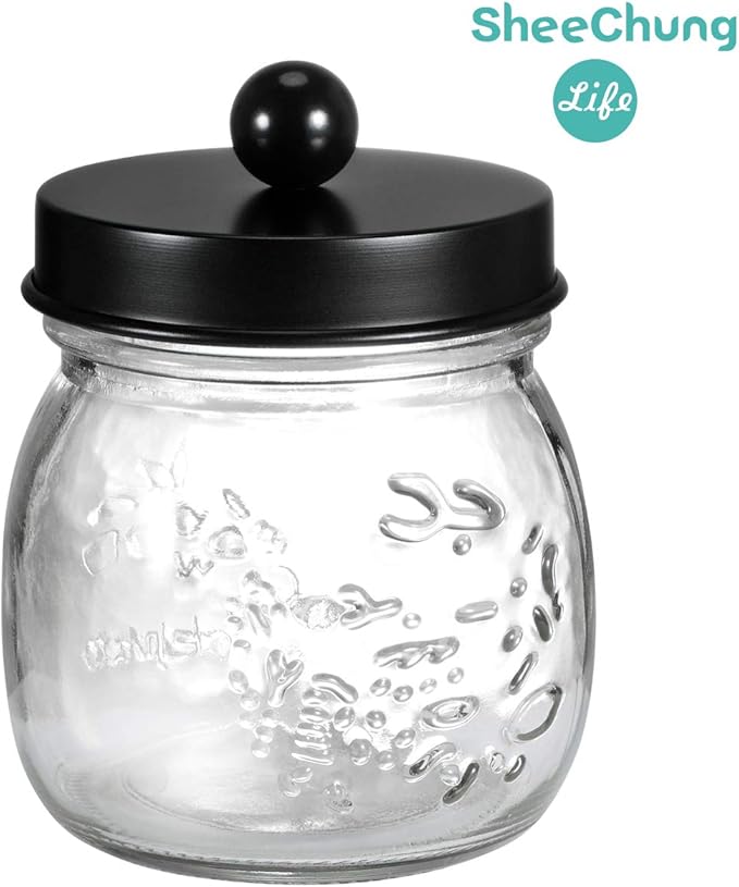 SheeChung Small Mason Jar, Glass Qtip Holder, Apothecary Jars with Lids, Bathroom Organizers and Storage, Bathroom Canister for Q-tips, Cottons, Floss, Balls, Cotton Swabs, Farmhouse Decor-Black