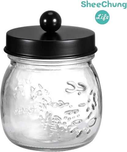 SheeChung Small Mason Jar, Glass Qtip Holder, Apothecary Jars with Lids, Bathroom Organizers and Storage, Bathroom Canister for Q-tips, Cottons, Floss, Balls, Cotton Swabs, Farmhouse Decor-Black