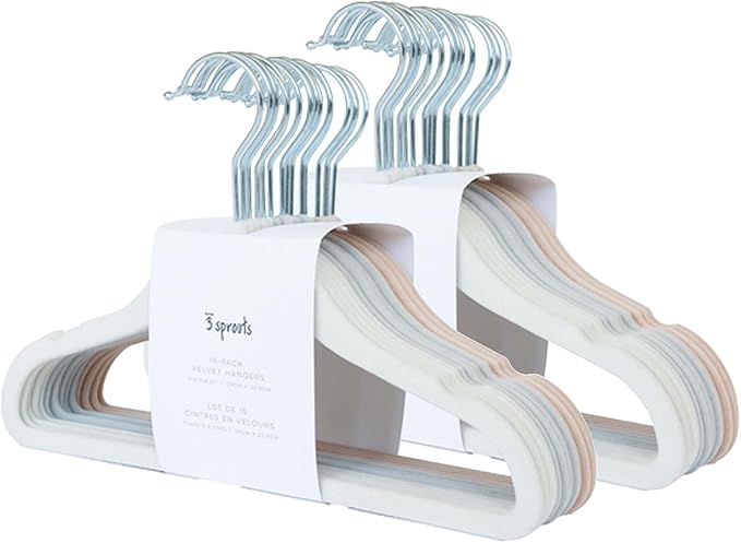 3 Sprouts Velvet Baby Hangers - Non-Slip Hangers for Infant and Toddler Clothes - Slim Space-Saving Design with Nordic Colors for Nursery - 30 Pack - Assorted Cream, Grey, Hazelnut