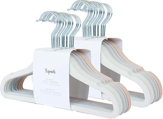 3 Sprouts Velvet Baby Hangers - Non-Slip Hangers for Infant and Toddler Clothes - Slim Space-Saving Design with Nordic Colors for Nursery - 30 Pack - Assorted Cream, Grey, Hazelnut