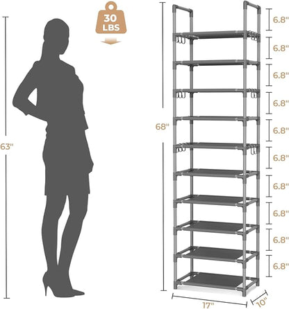 VTRIN 10 Tiers Tall Shoe Rack Holds 20-25 Pairs of Shoes Sturdy Vertical Shoe Organizer with 18pcs Hooks Stackable Narrow Shoe Rack for Closet, Entryway Grey
