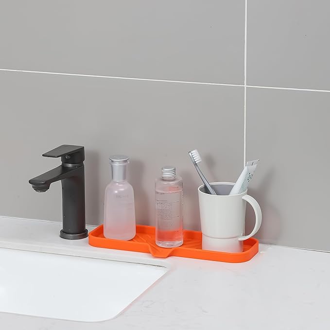 MicoYang Silicone Bathroom Soap Dishes with Drain Spout-Bathroom and Kitchen Sink Organizer,Sponge Holder,Dish Soap Tray,Perfect for Dispenser,Scrubber,Bottle,Cup on Sink or Counter-Orange 12"×4"