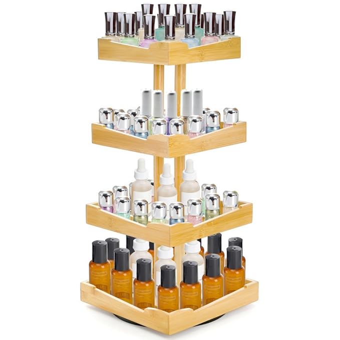 ZAVOOS Nail Polish Organizer, 4 Tier Bamboo Stand Essential Oil Display Rack for 120-212 Bottles, 360 Rotating Large Capacity Cosmetics Storage Shelf Holder for Home Spa, Business Salon