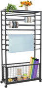 Commercial Ribbon Holder Organizer w/ 16 Rods & Locking Wheels - 59" Mobile Craft Storage for Florists, 4-Tier w/Mesh Basket (Black, 31.5 * 12.6 * 59.06in)