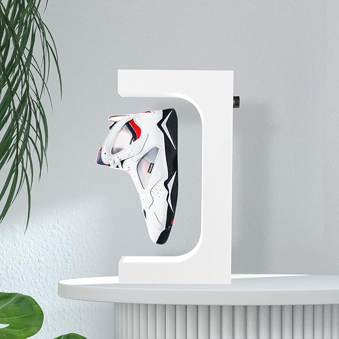 UVEHAS Levitating Shoe Display Magnetic Levitation Sneaker Stand with LED Light, Rotating Floating Holder Rack for Shoes Collectors Advertising Exhibition Shoe Store Show Home Decoration, White
