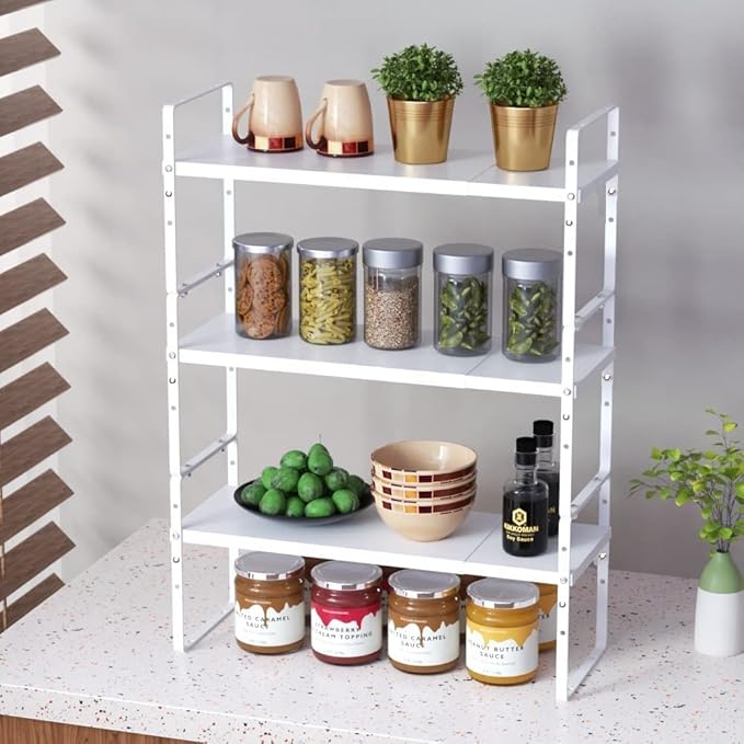 Jojocross Expandable Stackable Spice Rack Cabinet Shelf Organizer in Cabinets Shelves Kitchen Cupboard Organization Stack up Racks Pantry Countertop Storage Medium/White 3 Packs