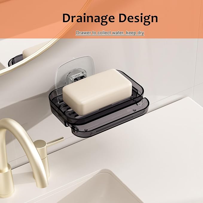 Soap Dish for Shower Transparent Gray Soap Holder with Self-Draining Design No Drilling Required Strong Fixation for RV Bathroom and Kitchen Easy to Clean and Space Saving（1 Pack）