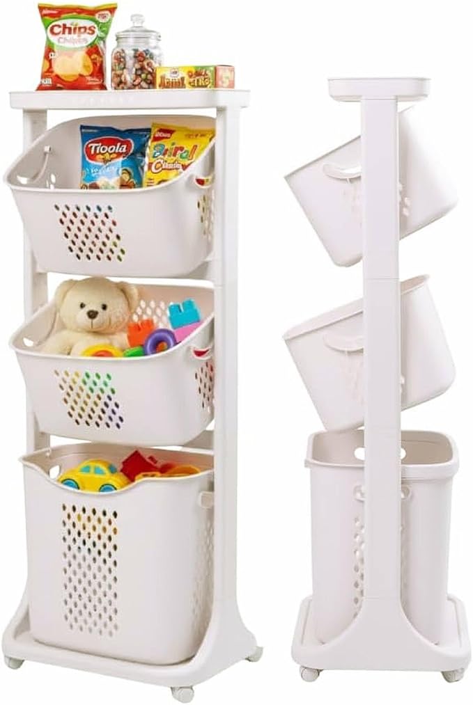 Japard 83 Litres Rolling Laundry Hamper Ultra Slim, Vertical 3 Sorter Cart with Wheels and Breaks, 3-tier Baskets Detachable for Dorm, Closet, Easy Assembly White Gray